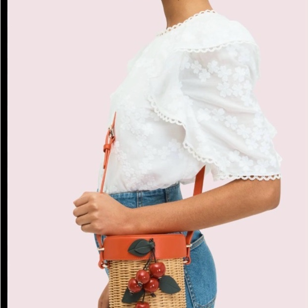 NWT, Rare kate spade Red Leather & Wicker Cherry Bucket Crossbody - Picture 7 of 16